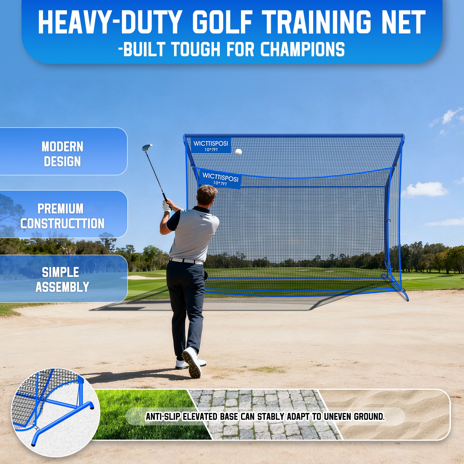 WICTTISPOSI Golf Hitting Net with Extra Striking Net, 10x7ft Heavy Duty Golf Practice Nets for Golfers Backyard Driving Swing, Golf Impact Cage Metal Frame with Storage Bag&Elevated Base, Indoor Outdoor Use