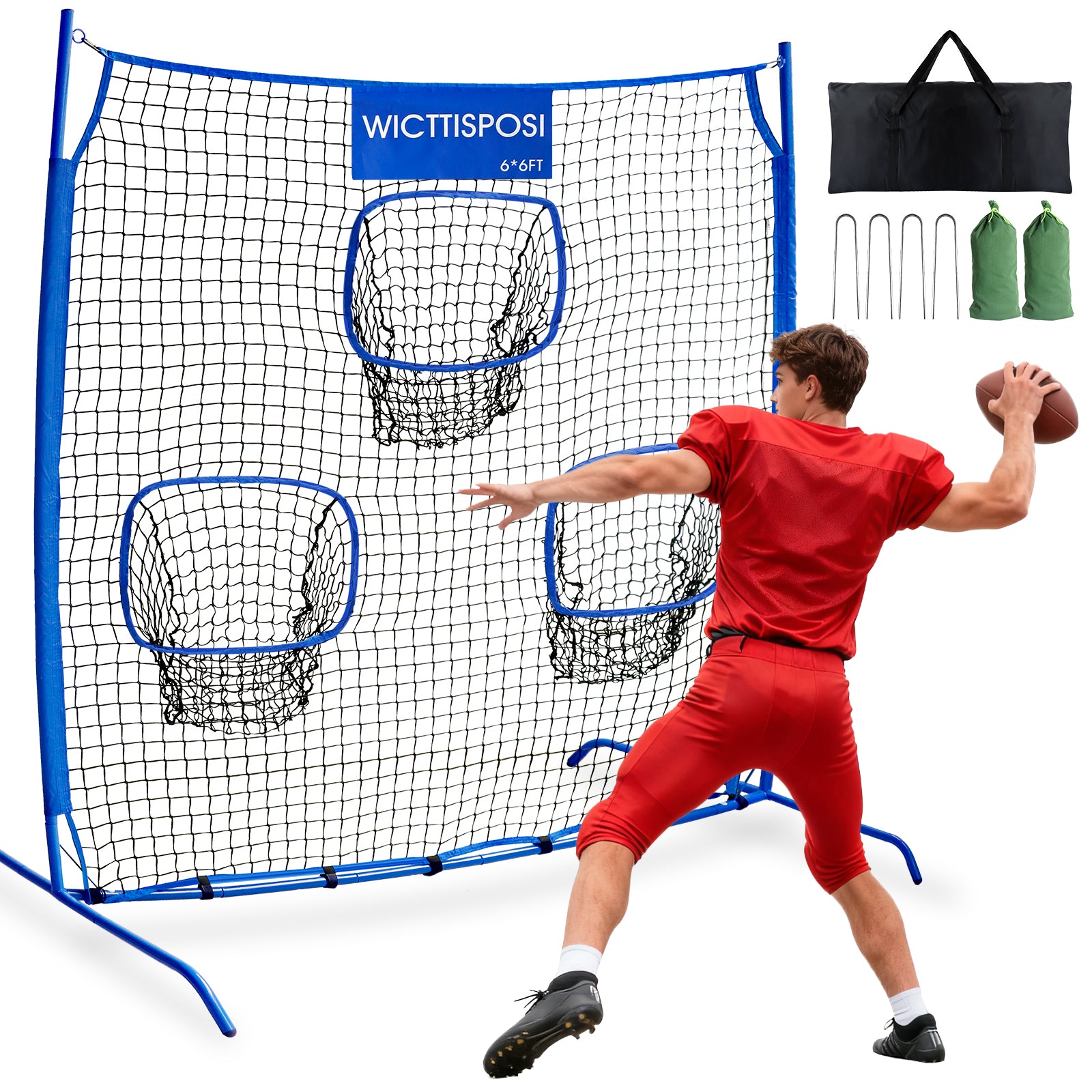 WICTTISPOSI Football Throwing Net, Upgrade Heavy Duty Metal Frame Quarterback Training Equipment Throwing Machine with 1-4 Targets, Easy Setup Football Target Practice with CarryBag, Allweather Indoor Outdoor Use 6.2X6FT