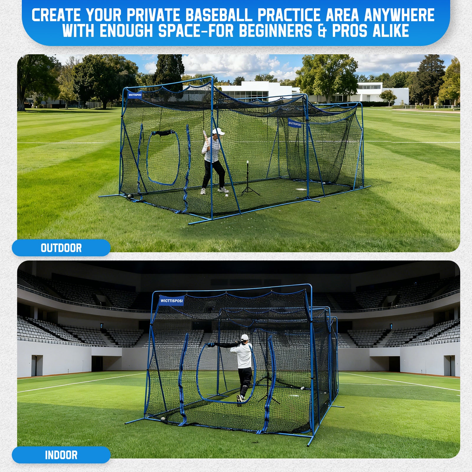 WICTTISPOSI 20ftx10ftx8ft Baseball Softball Cage with Hitting Net,Dual Sided 7-Ply Netting for Batting/Pitching/Fielding,Heavy-Duty Metal Frame and Windproof Ropes for Backyard Outdoor Indoor